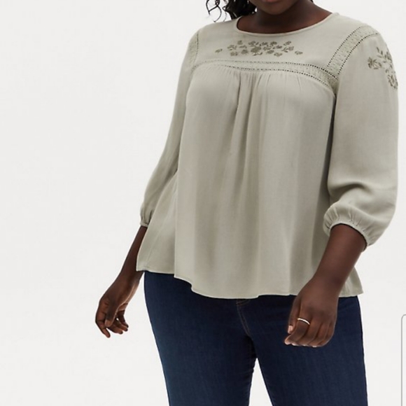 torrid Tops Crinkle Gauze Embroidered Top Seagrass Green Please